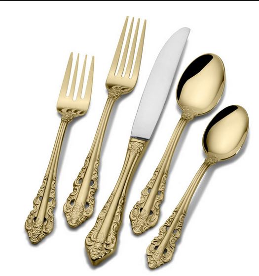 Gold style flatware, available in dinner fork, salad fork, dinner knife, teaspoon and dessert