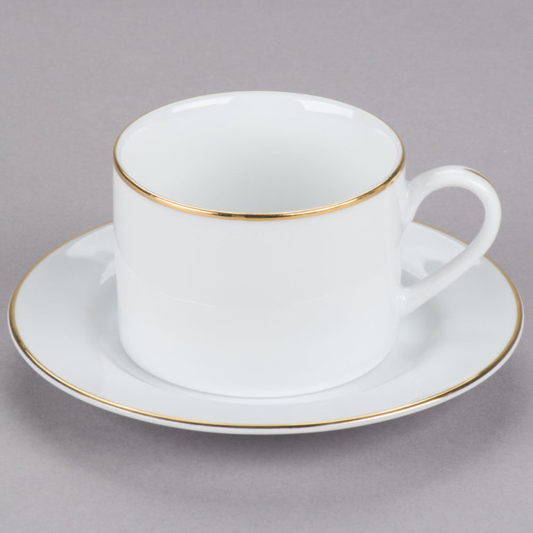Gold rimmed coffee cup and saucer Platinum Event Rentals